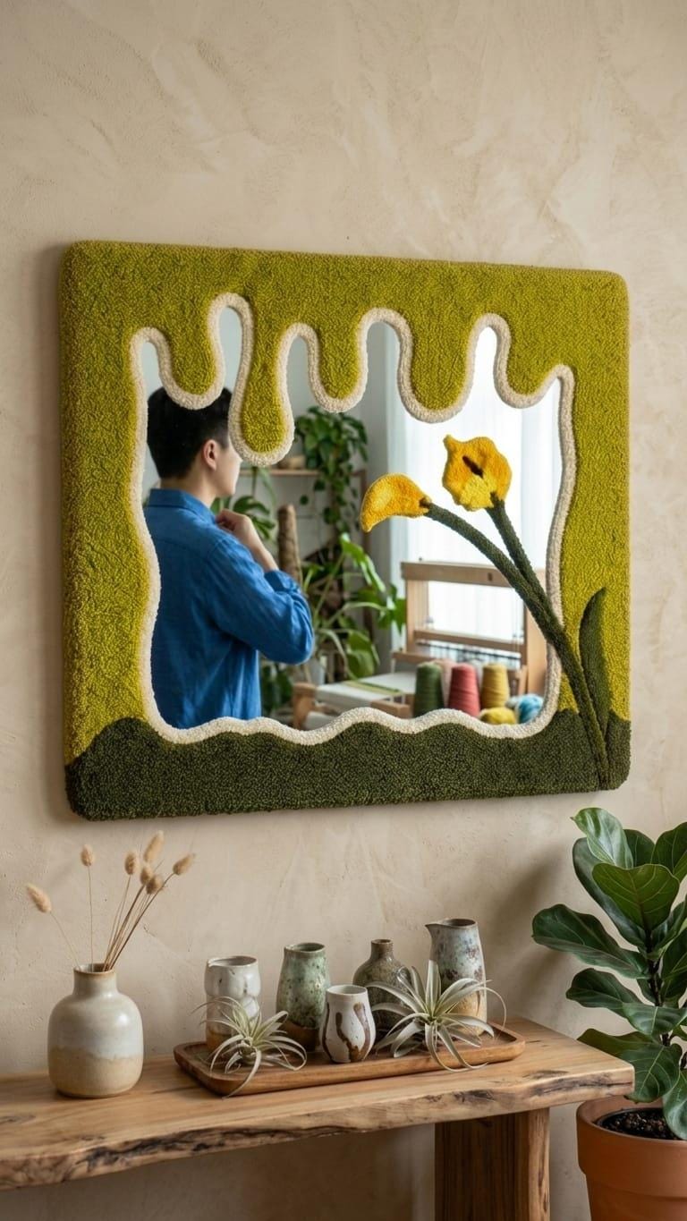 Tufted Wavy Mirror | Calla Lily Punch Needle Wall Art, Botanical Drip Decor
