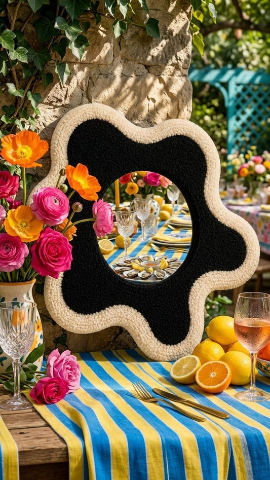 Wavy Wall Mirror, Tufted Mirror, Black and Cream Mirror, Blob Mirror, Funky Wall Decor, Handmade Mirror, Aesthetic Bedroom Decor