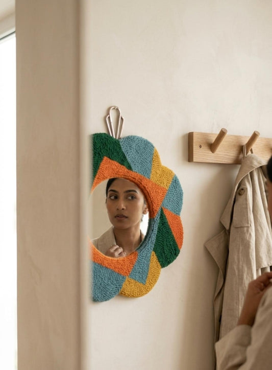 Colorful Tufted Flower Mirror, Retro Punch Needle Wall Decor, Boho Vanity Mirror