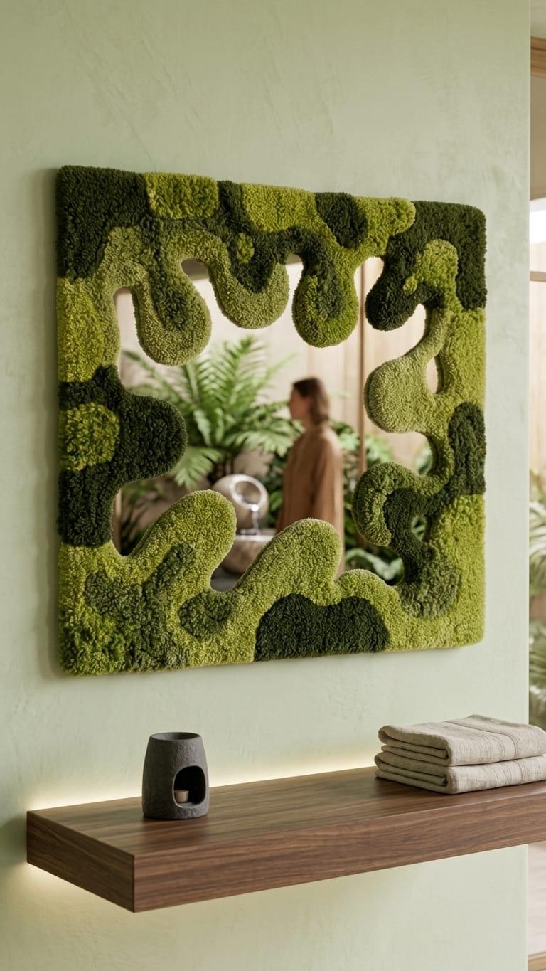 Tufted Moss Mirror | Wavy Punch Needle Wall Art, Organic Modern Decor