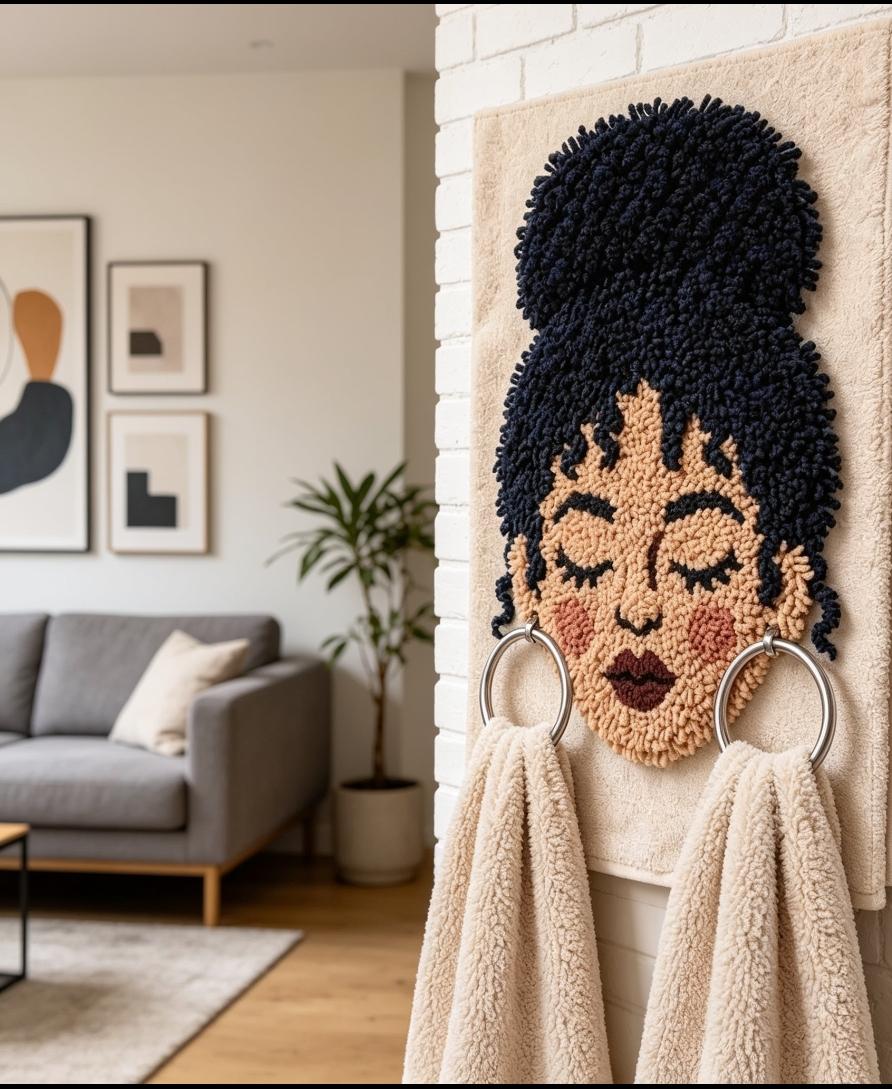 Hand-Punch Needle Afro Woman Towel Holder, Boho Bathroom Wall Art, Textured Face Decor