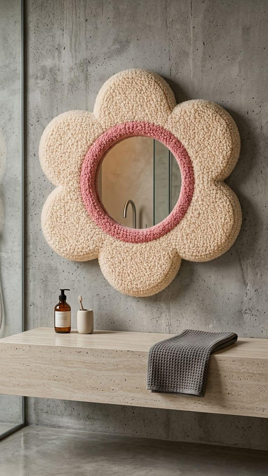 Flower Mirror, Tufted Wall Mirror, Cream Floral Mirror, Pink Flower Decor, Neutral Wall Decor, Cute Bedroom Mirror, Handmade Home Decor