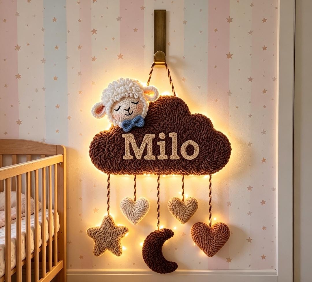 Personalized Tufted Cloud Name Sign, Boho Sheep Nursery Art, Earthy Baby Decor