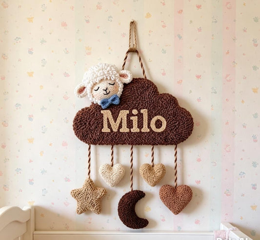 Personalized Tufted Cloud Name Sign, Boho Sheep Nursery Art, Earthy Baby Decor