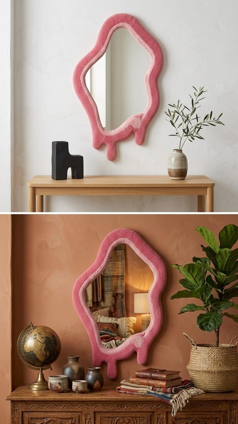 Tufted Pink Drip Mirror | Melted Punch Needle Wall Art, Coquette Decor