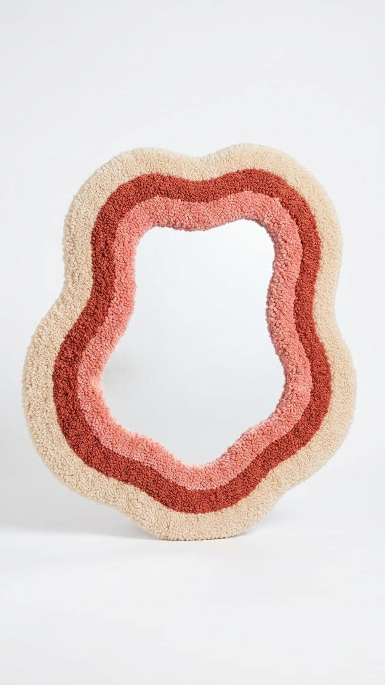 Tufted Wavy Mirror | Organic Punch Needle Wall Art, Boho Terracotta Pink Room Decor