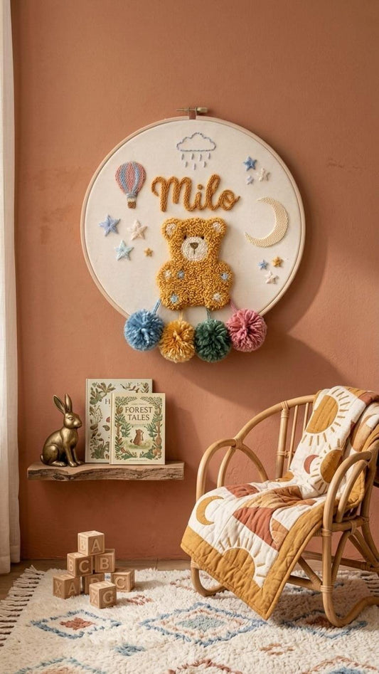 Personalized Teddy Bear Punch Needle Hoop Art, Boho Nursery Decor, Custom Name Sign
