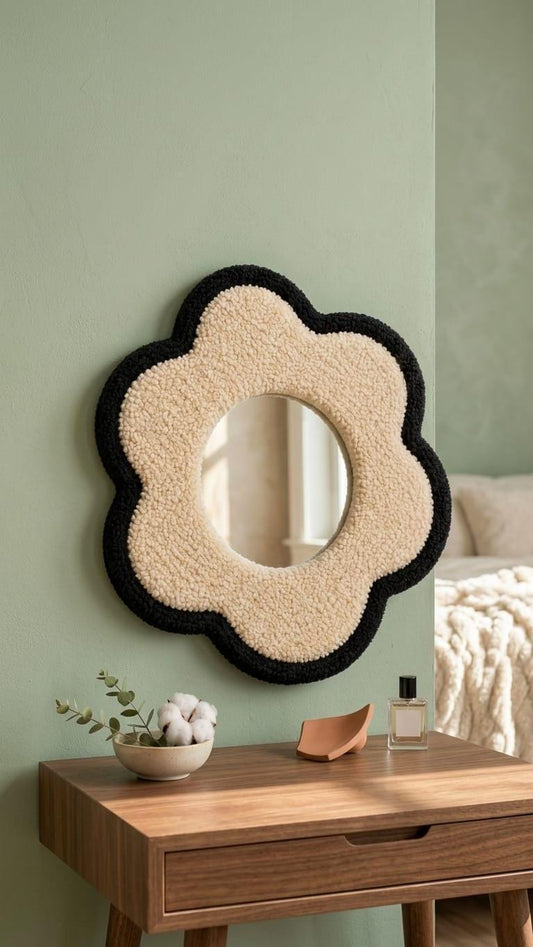Flower Mirror, Tufted Wall Mirror, Black and Cream Mirror, Funky Wall Decor, Handmade Mirror, Aesthetic Bedroom Decor, Cute Vanity Mirror