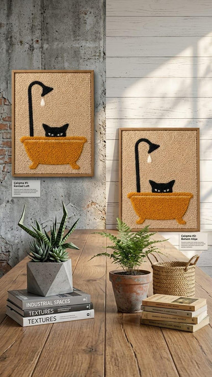 Funny Black Cat Bathtub Wall Art | Tufted Cat in Bath Punch Needle Frame | Cute Bathroom Restroom Decor | Framed Textile Art Gift