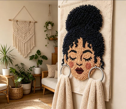 Hand-Punch Needle Afro Woman Towel Holder, Boho Bathroom Wall Art, Textured Face Decor
