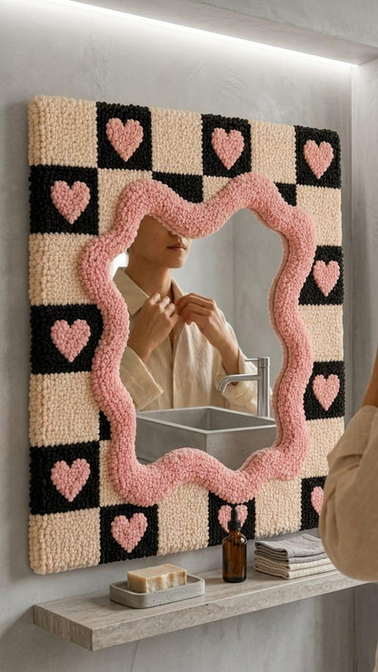 Hand-Tufted Checkerboard Mirror with Pink Hearts, Punch Needle Wall Art
