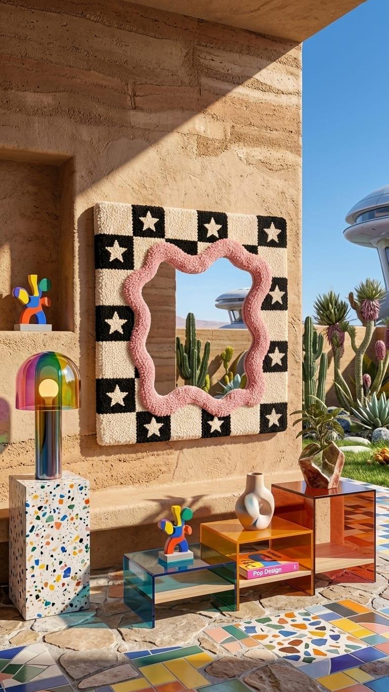Tufted Checkerboard Mirror, Pink Wavy Border, Punch Needle Star Wall Art