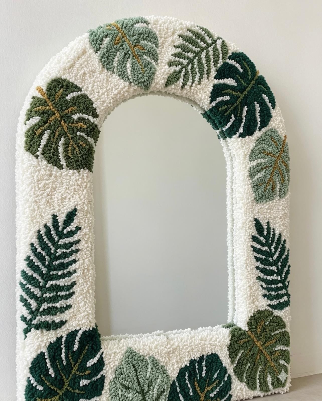 Tufted Arch Mirror with Monstera Leaves, Punch Needle Botanical Wall Decor