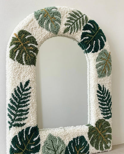 Tufted Arch Mirror with Monstera Leaves, Punch Needle Botanical Wall Decor
