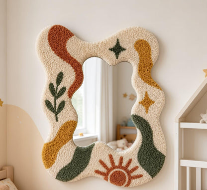 Tufted Wavy Mirror, Punch Needle Sun Art, Boho Room Decor