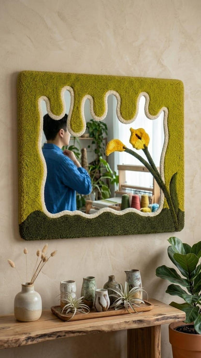 Tufted Wavy Mirror | Calla Lily Punch Needle Wall Art, Botanical Drip Decor