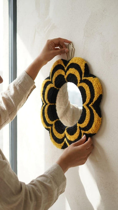 Tufted Flower Mirror, Yellow Black Wavy Punch Needle Wall, Groovy 70s Y2K Hanging Mirror