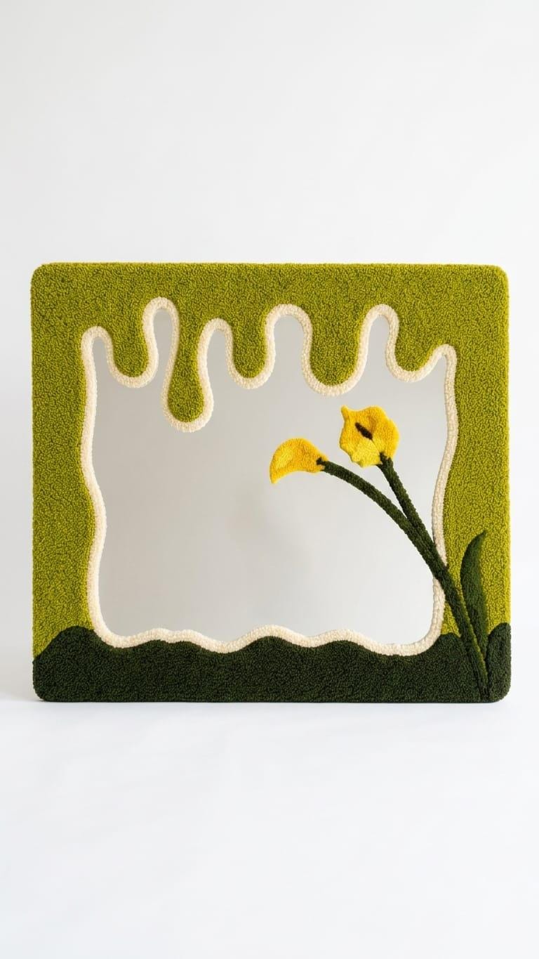 Tufted Wavy Mirror | Calla Lily Punch Needle Wall Art, Botanical Drip Decor