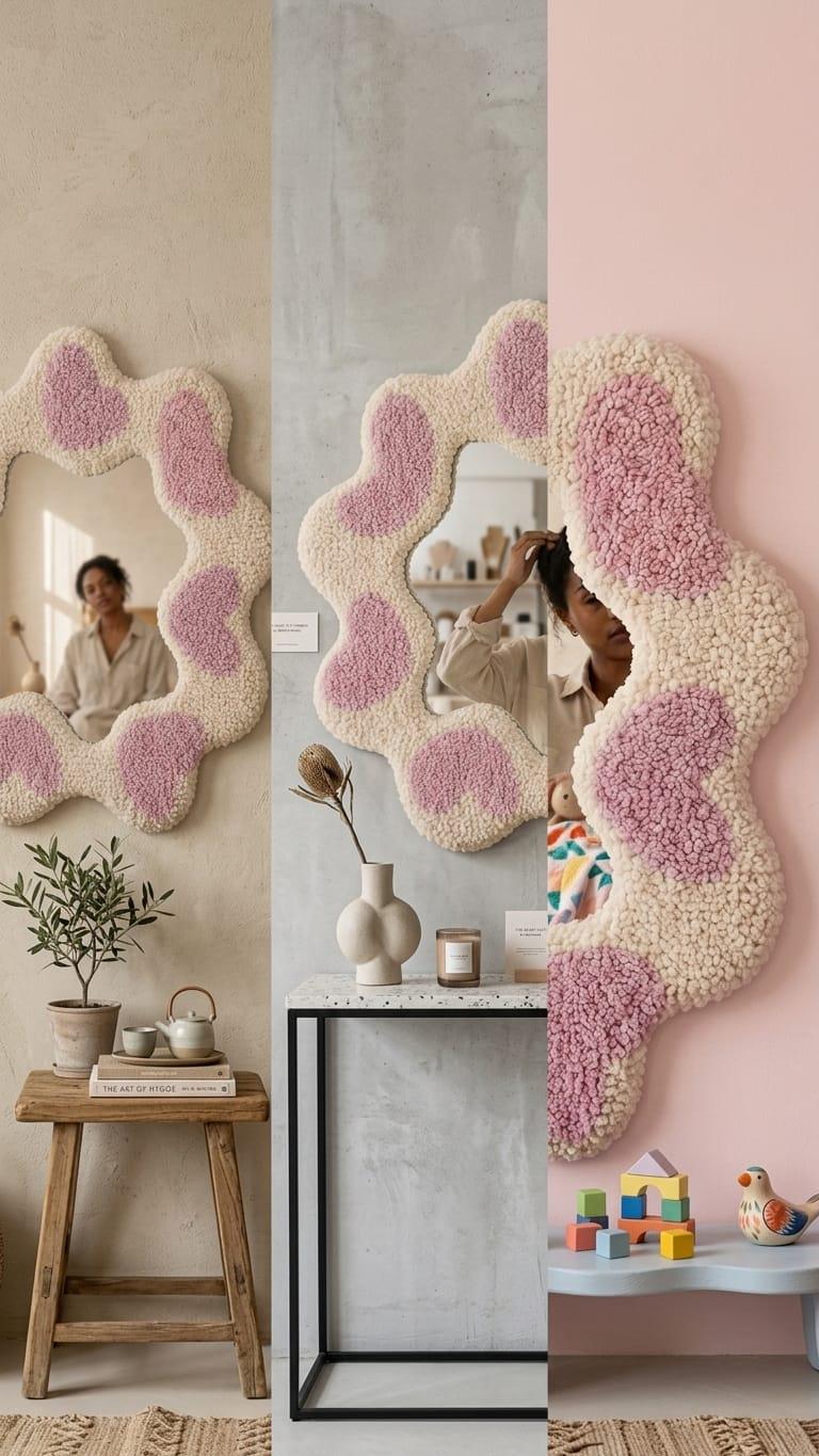Tufted Heart Mirror, Wavy Pink Punch Needle Wall Decor, Danish Pastel Room Accessory