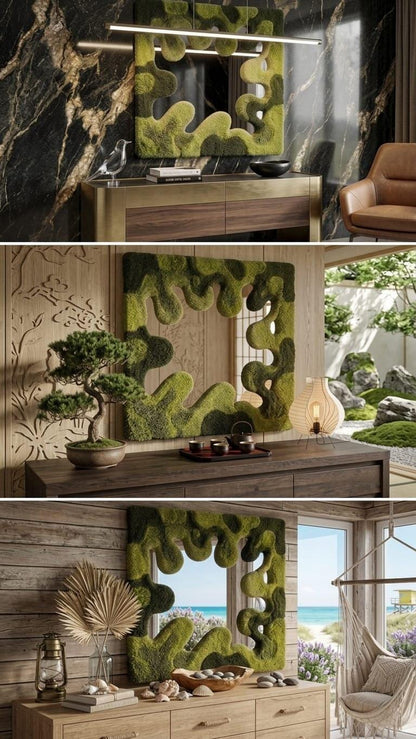 Tufted Moss Mirror | Wavy Punch Needle Wall Art, Organic Modern Decor