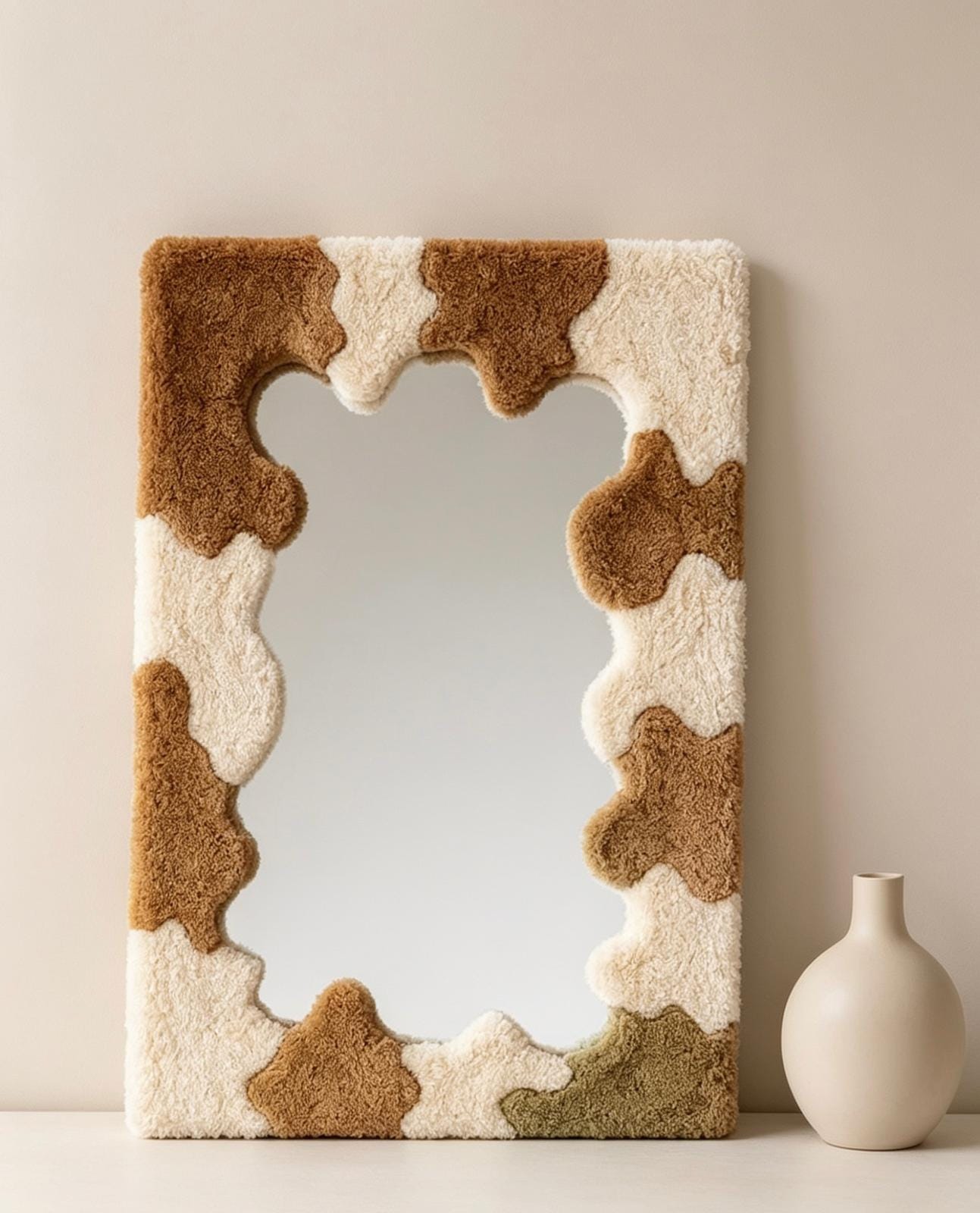 Handmade Tufted Cow Print Mirror, Wavy Plush Vanity Wall Decor