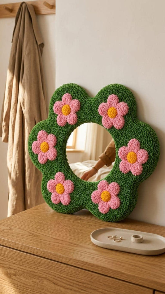 Flower Mirror, Tufted Wall Mirror, Green Floral Mirror, Pink Flower Decor, Funky Wall Decor, Dopamine Decor, Handmade Bedroom Mirror