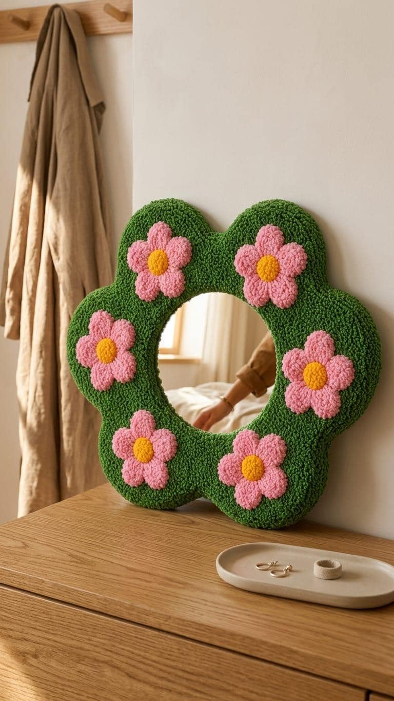 Flower Mirror, Tufted Wall Mirror, Green Floral Mirror, Pink Flower Decor, Funky Wall Decor, Dopamine Decor, Handmade Bedroom Mirror