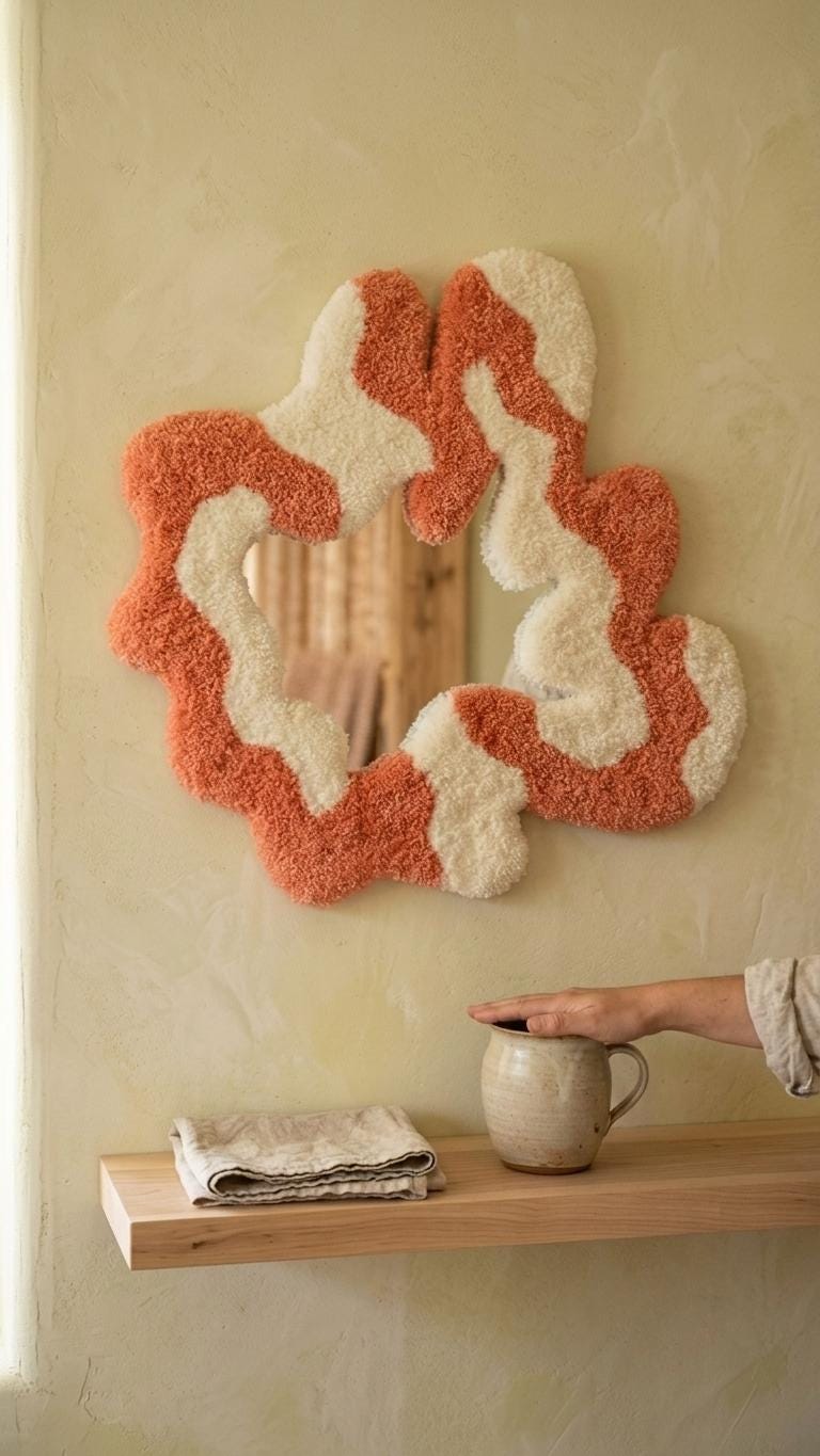 Handmade Tufted Wavy Mirror, Terracotta Cream Organic Wall Decor