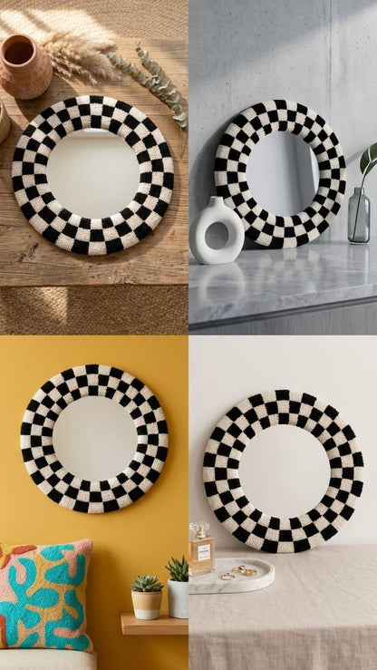 Tufted Checkerboard Mirror | Round Punch Needle Wall Art, Retro Decor