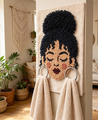 Hand-Punch Needle Afro Woman Towel Holder, Boho Bathroom Wall Art, Textured Face Decor