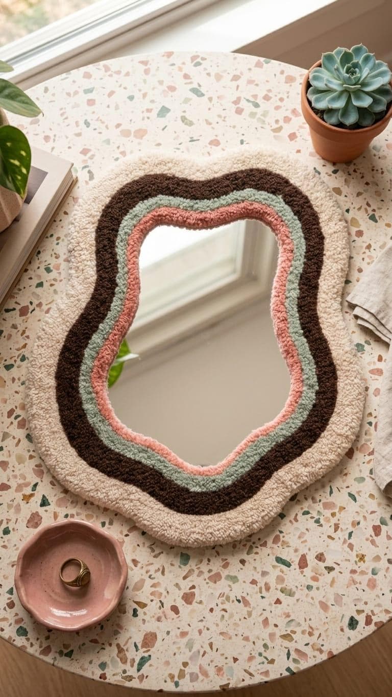 Tufted Wavy Mirror | Sage Green Pink Punch Needle Wall Art, Boho Decor