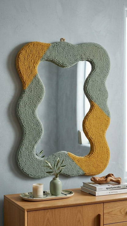 Tufted Wavy Mirror, Sage Green Mustard Yellow Punch Needle Wall Art