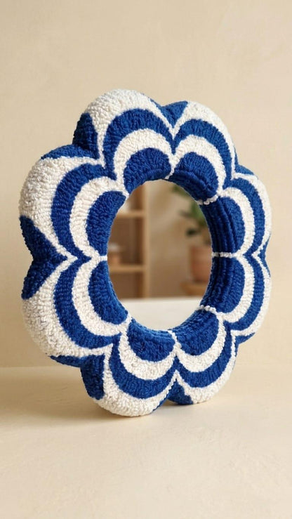 Tufted Flower Mirror, Blue White Wavy Punch Needle Desk Decor