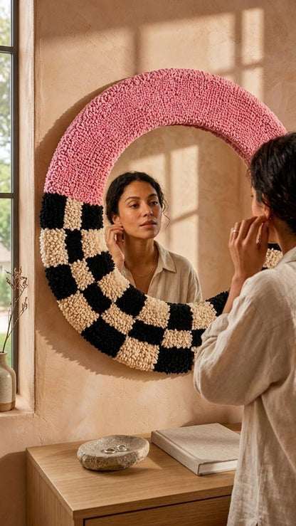 Handmade Tufted Round Mirror | Pink Checkerboard Punch Needle Wall Art