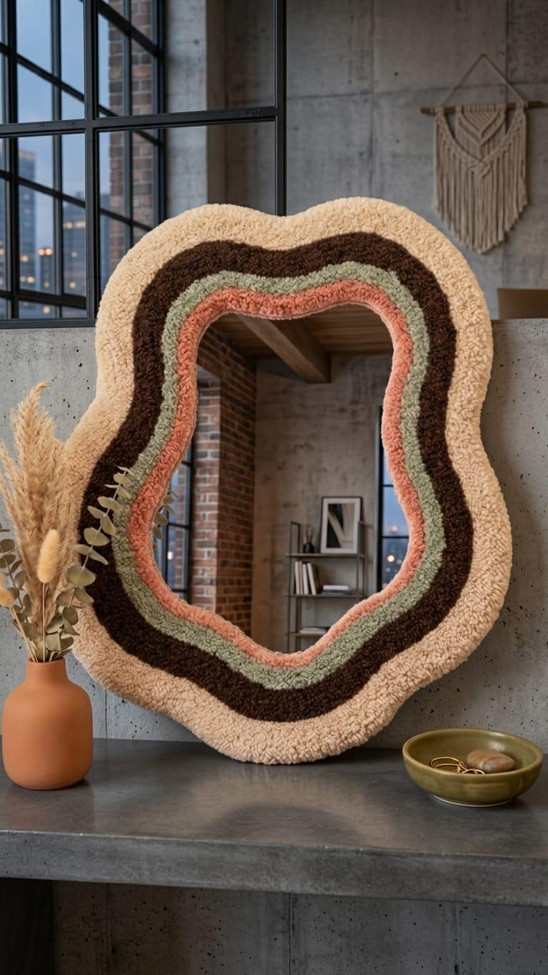 Tufted Wavy Mirror | Sage Green Pink Punch Needle Wall Art, Boho Decor