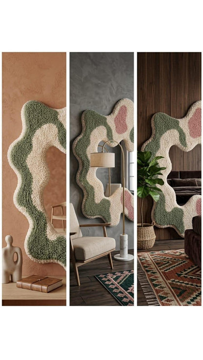 Tufted Wavy Mirror, Punch Needle Wall Art, Sage Green Pink Cream Danish Pastel Decor