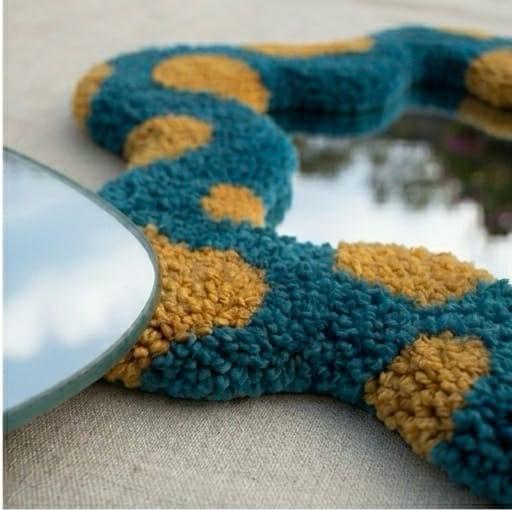 Handmade Tufted Flower Mirror, Blue Wavy Plush Vanity Mirror