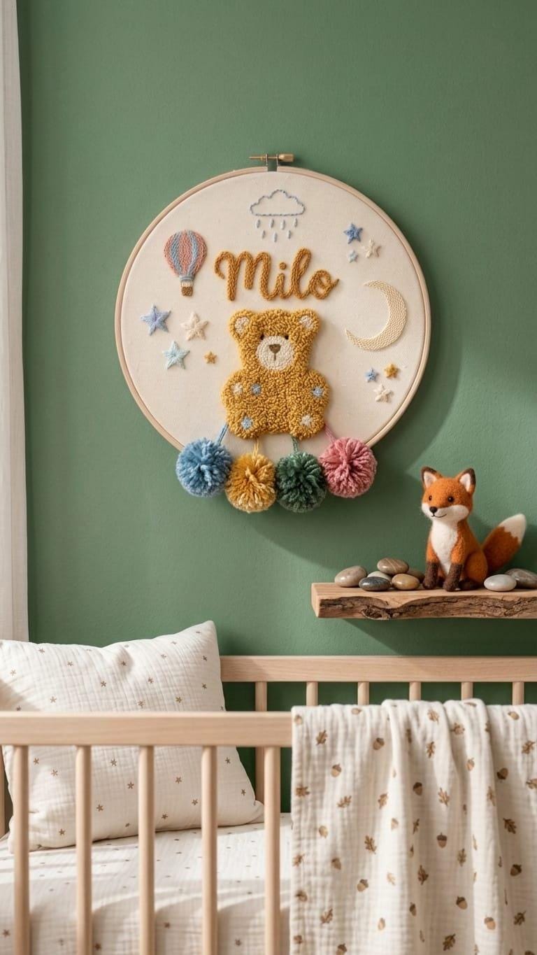 Personalized Teddy Bear Punch Needle Hoop Art, Boho Nursery Decor, Custom Name Sign