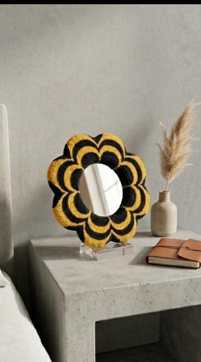 Tufted Flower Mirror, Yellow Black Wavy Punch Needle Wall, Groovy 70s Y2K Hanging Mirror