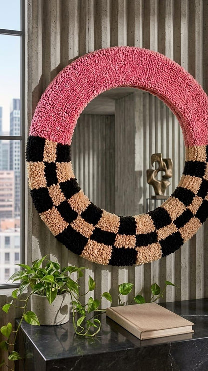Handmade Tufted Round Mirror | Pink Checkerboard Punch Needle Wall Art