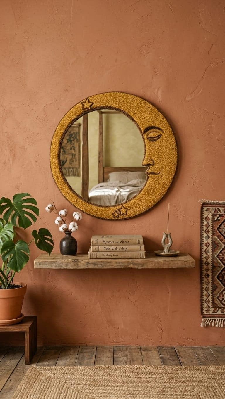Tufted Celestial Crescent Moon Mirror | Gold Moon Face Punch Needle Wall Art | Mystical Astrology Room Decor | Whimsical Star Accent