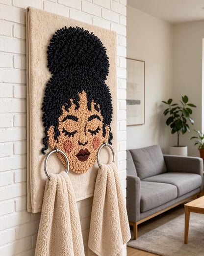 Hand-Punch Needle Afro Woman Towel Holder, Boho Bathroom Wall Art, Textured Face Decor