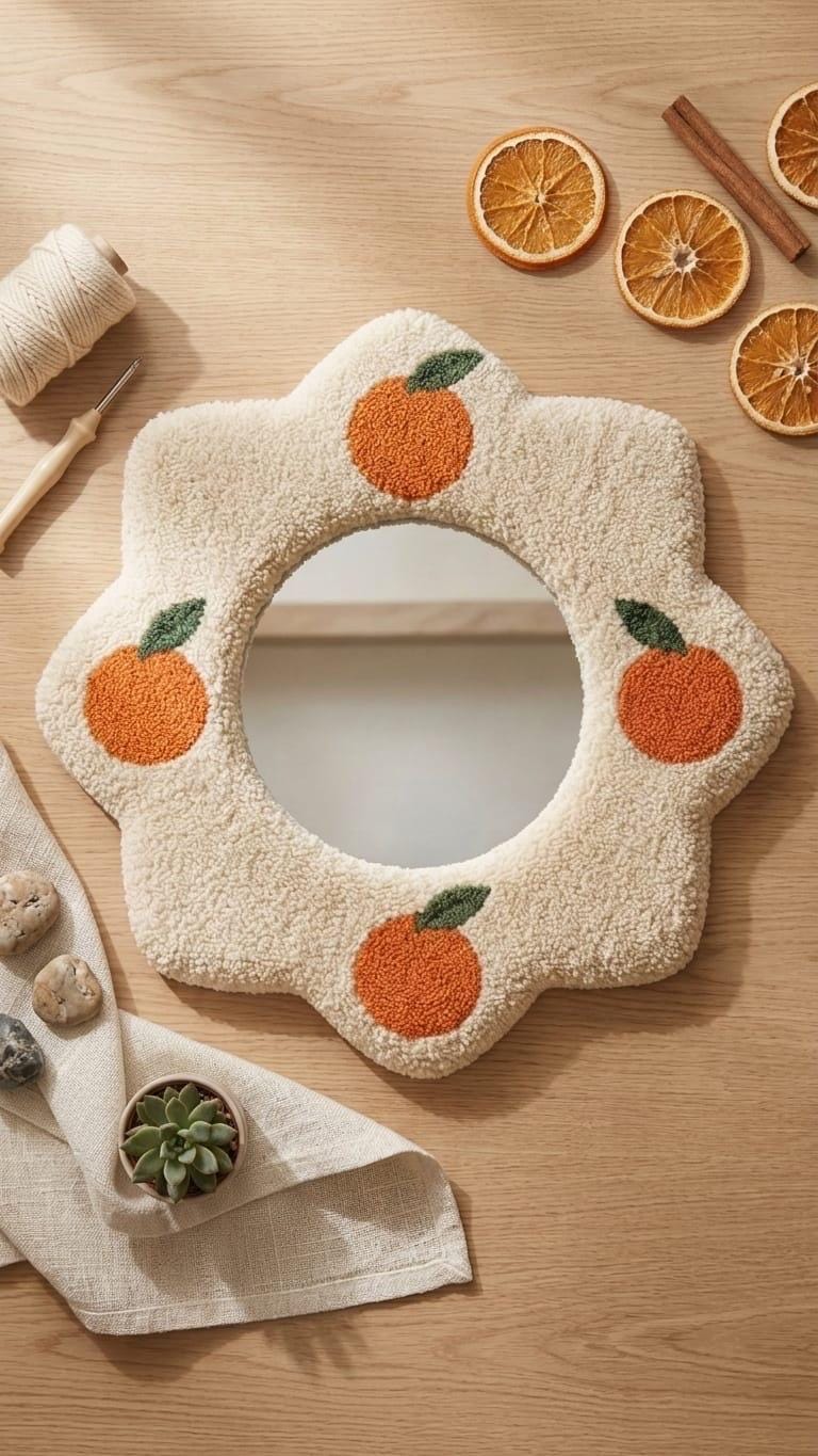 Tufted Orange Fruit Mirror | Flower Punch Needle Wall Art | Boho Wavy Cream Mirror
