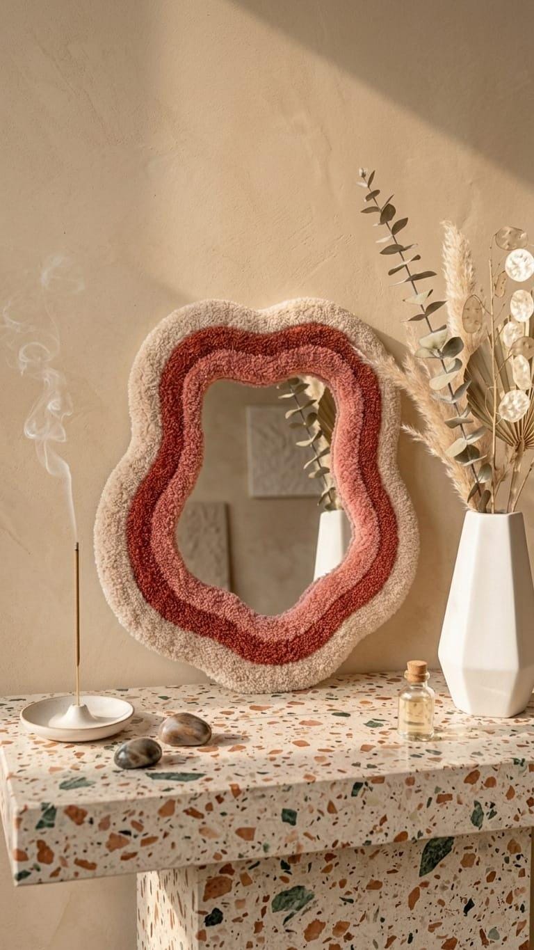 Tufted Wavy Mirror | Organic Punch Needle Wall Art, Boho Terracotta Pink Room Decor