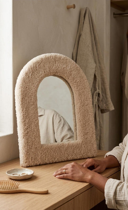 Handmade Boucle Arch Mirror, Plush Vanity Decor, Soft Cream Texture Wall Accent