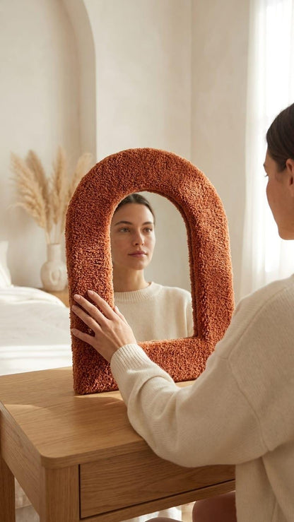Handmade Bouclé Arch Mirror, Burnt Orange Plush Wall Decor, Cozy Bedroom Vanity Mirror