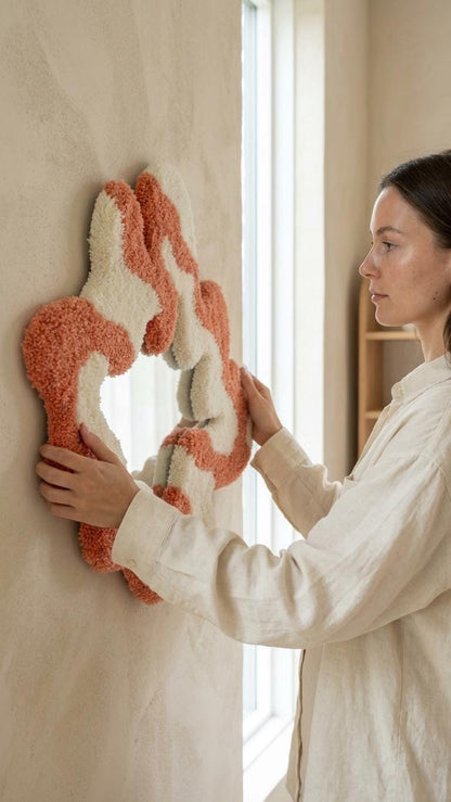 Handmade Tufted Wavy Mirror, Terracotta Cream Organic Wall Decor