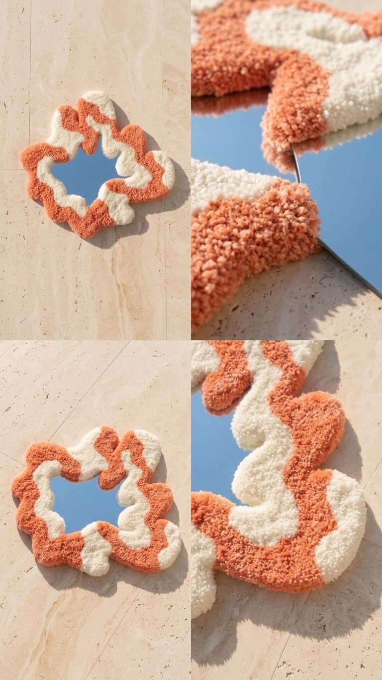 Handmade Tufted Wavy Mirror, Terracotta Cream Organic Wall Decor