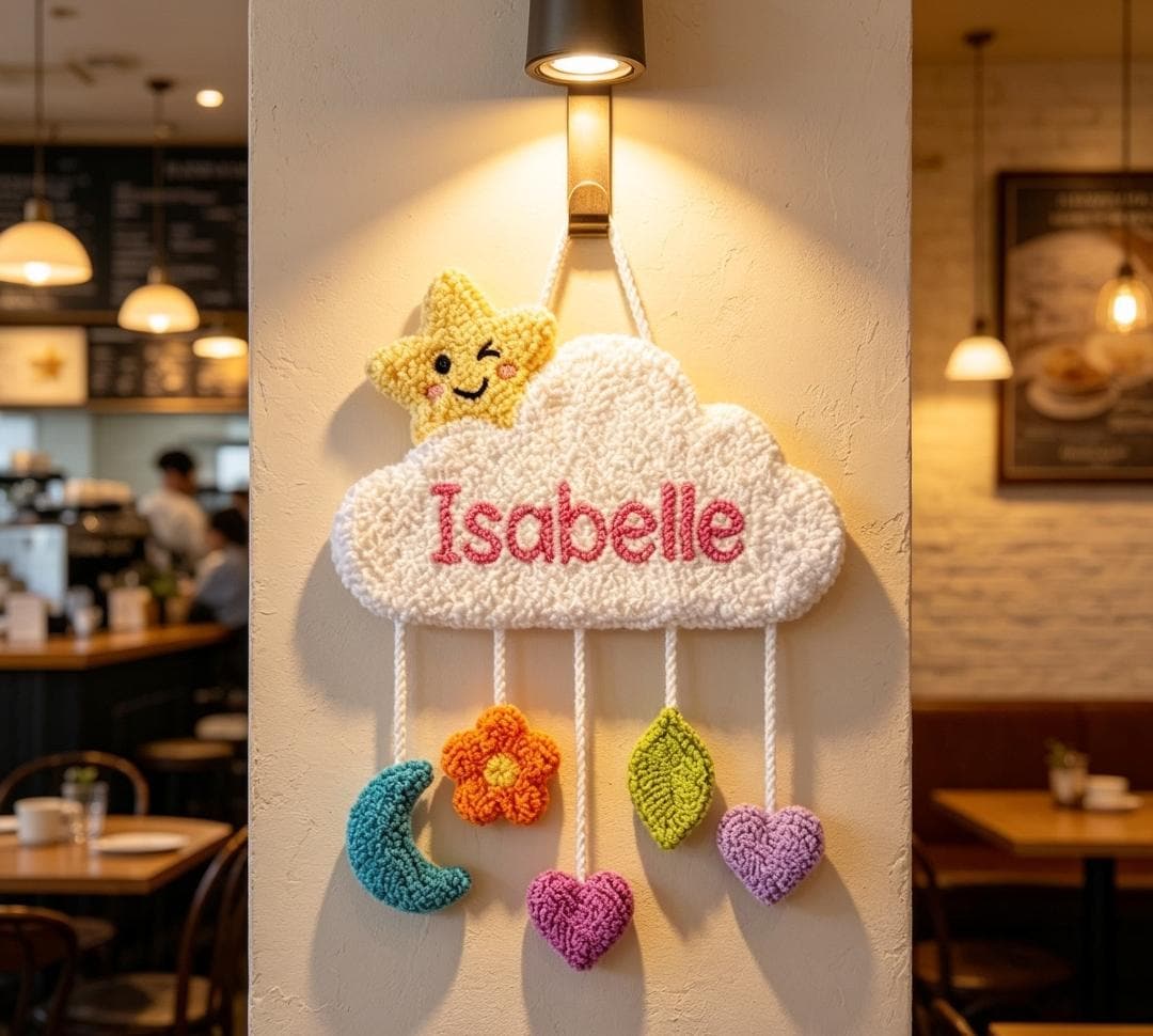 Personalized Cloud Name Sign, Tufted Punch Needle Wall Art, Baby Girl Nursery Decor