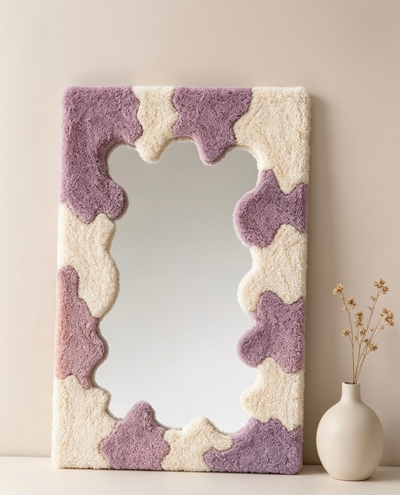 Handmade Tufted Cow Print Mirror, Wavy Plush Vanity Wall Decor